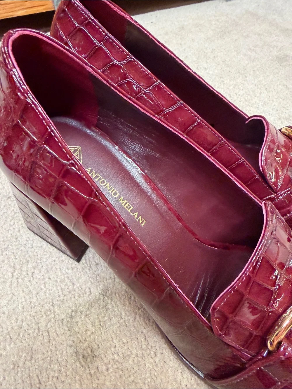 ANTONIO MELANI Burgundy Croc-Embossed Block Heel Loafers with Gold Bit